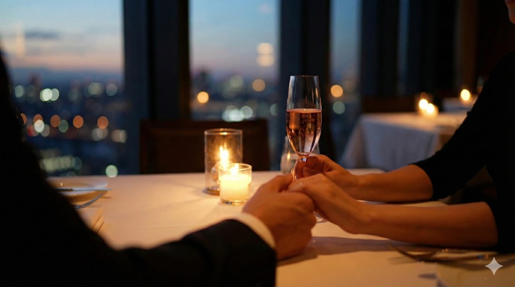 Romantic Valentine's Day dinner scene with city lights